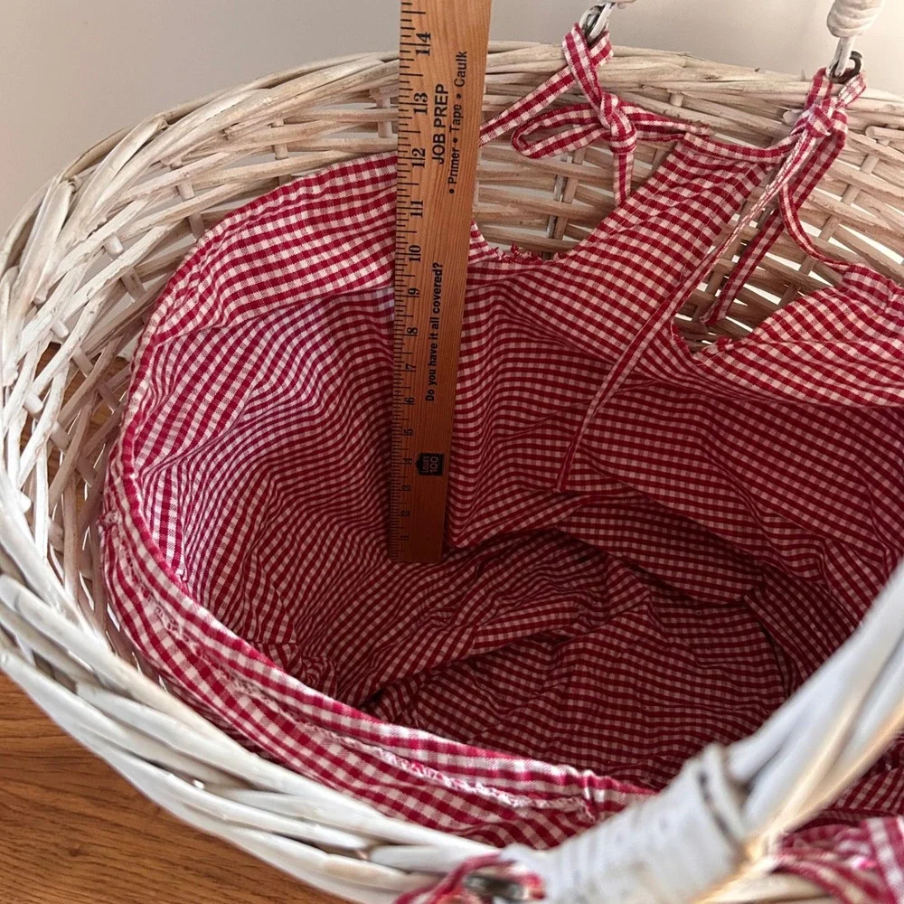 Whitewash Wicker Picnic Basket Red Gingham Liner Double Handle Farmhouse Storage